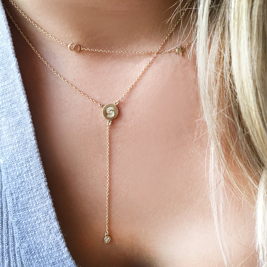 Mini Diamond Disc Initial Lariat Necklace Solid Gold Yellow Gold 18 inches