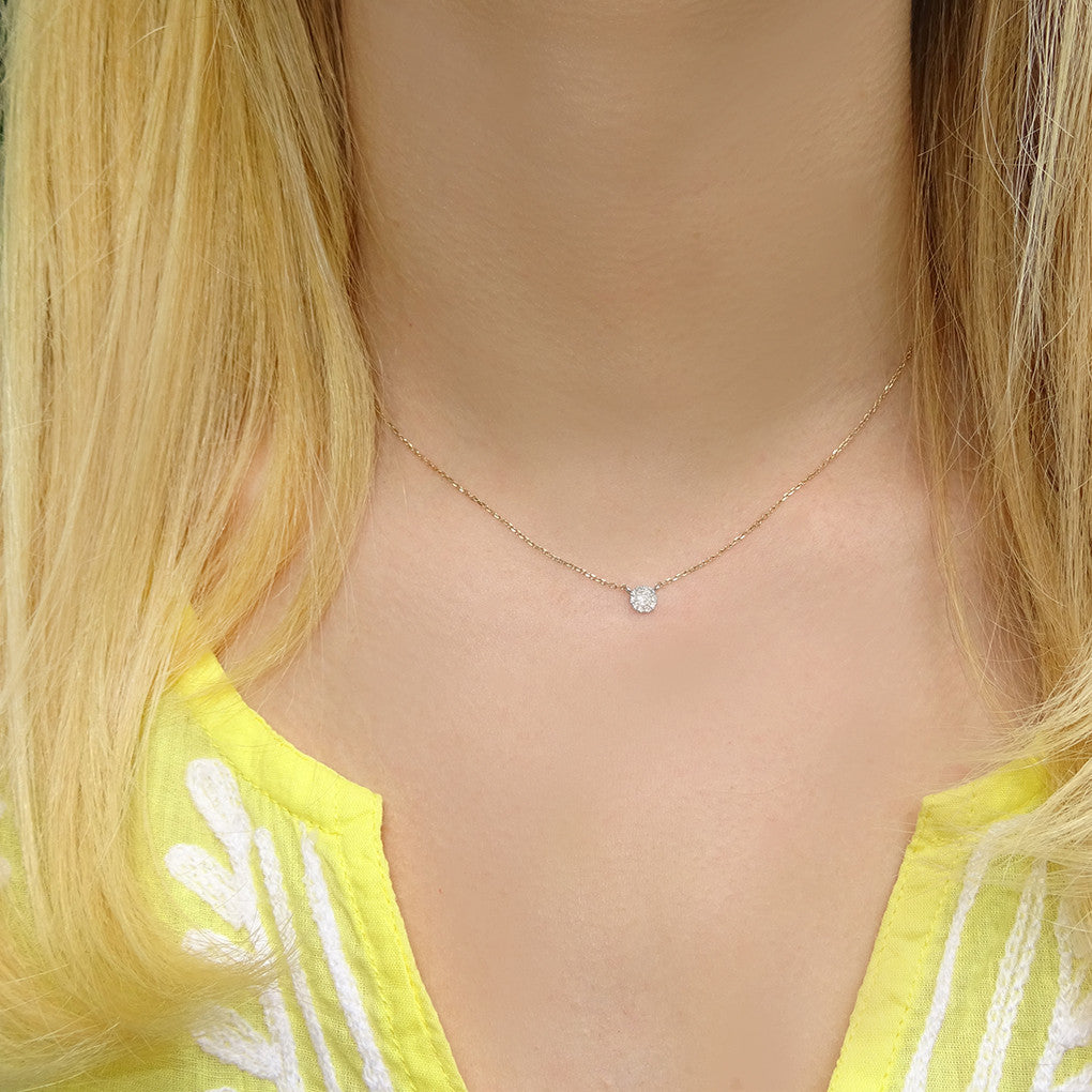 Tiny Diamond Disc Necklace Solid Gold Yellow Gold 18 inches