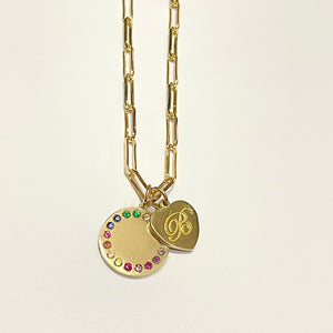 Rainbow disc on paperclip necklace and personalized heart charm