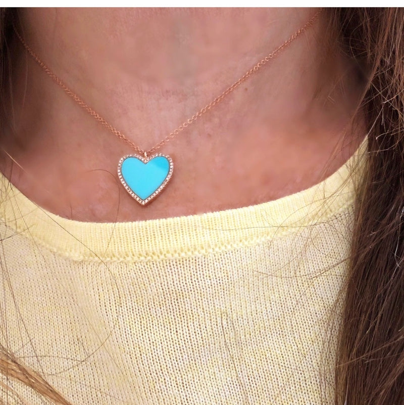 Turquoise & Diamond Heart Necklace - Yellow Gold or Rose Gold SOLD OUT!