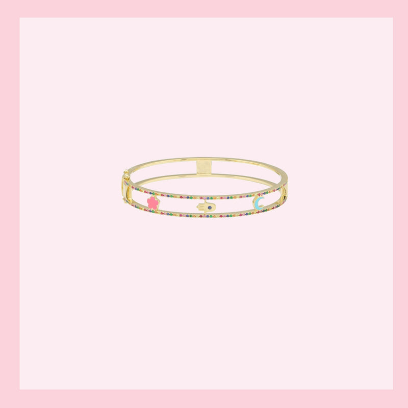 Lucky Charm Bangle - 14k Solid Gold, Enamel & Sapphires