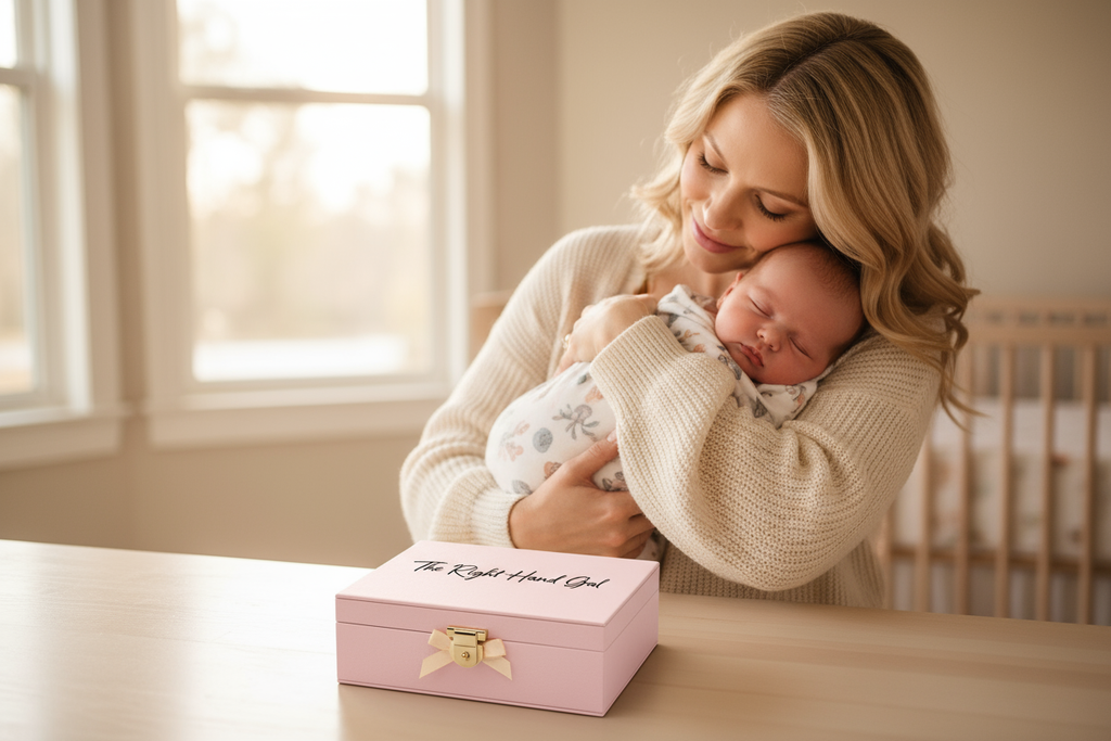 beautiful white lady holding baby with a closed pink jewelry box that says The Right Hand Gal in black font and script