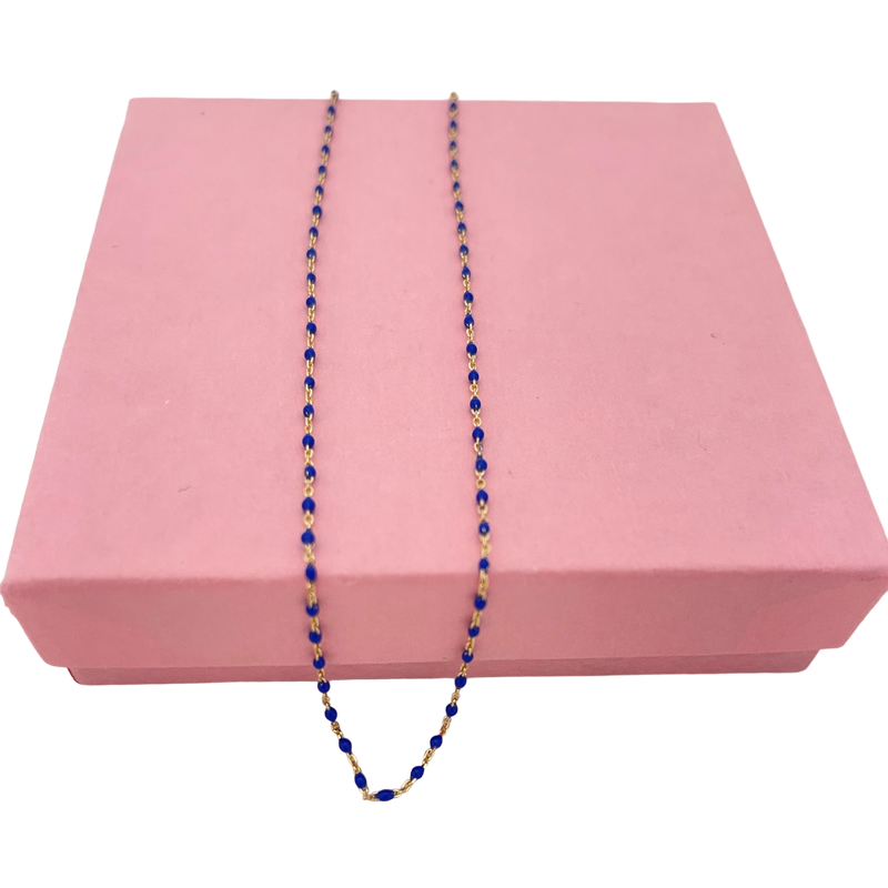 Tiny French Beaded Chain Necklace- Navy Blue