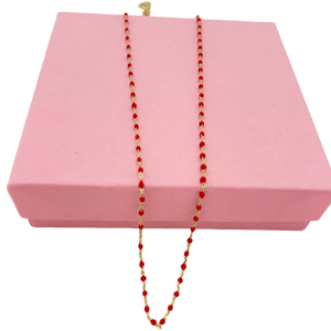 Tiny French Beaded Chain Necklace-Rosy Red