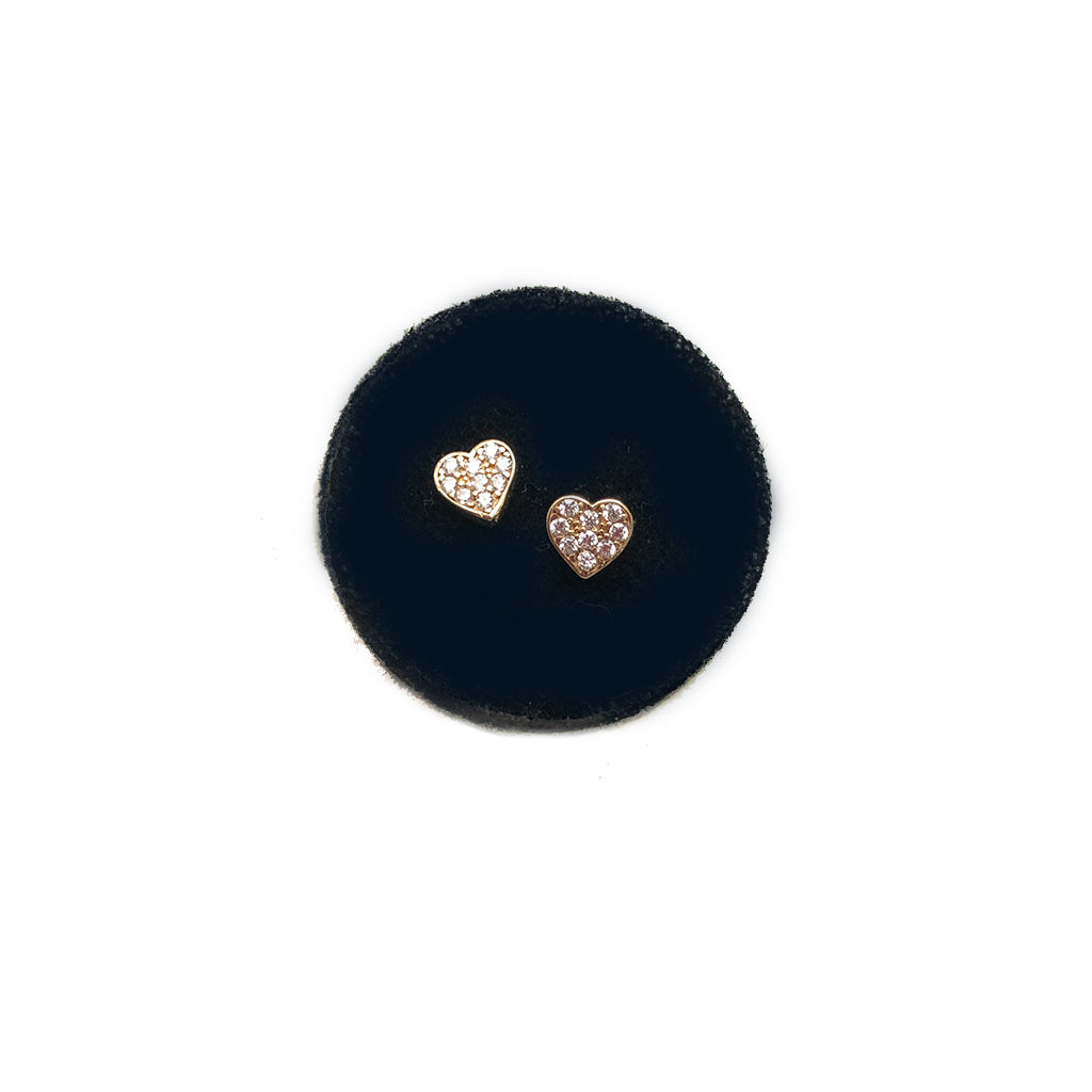 Heart Studs- Small Pavee hearts with CZ or Diamonds - Solid Gold