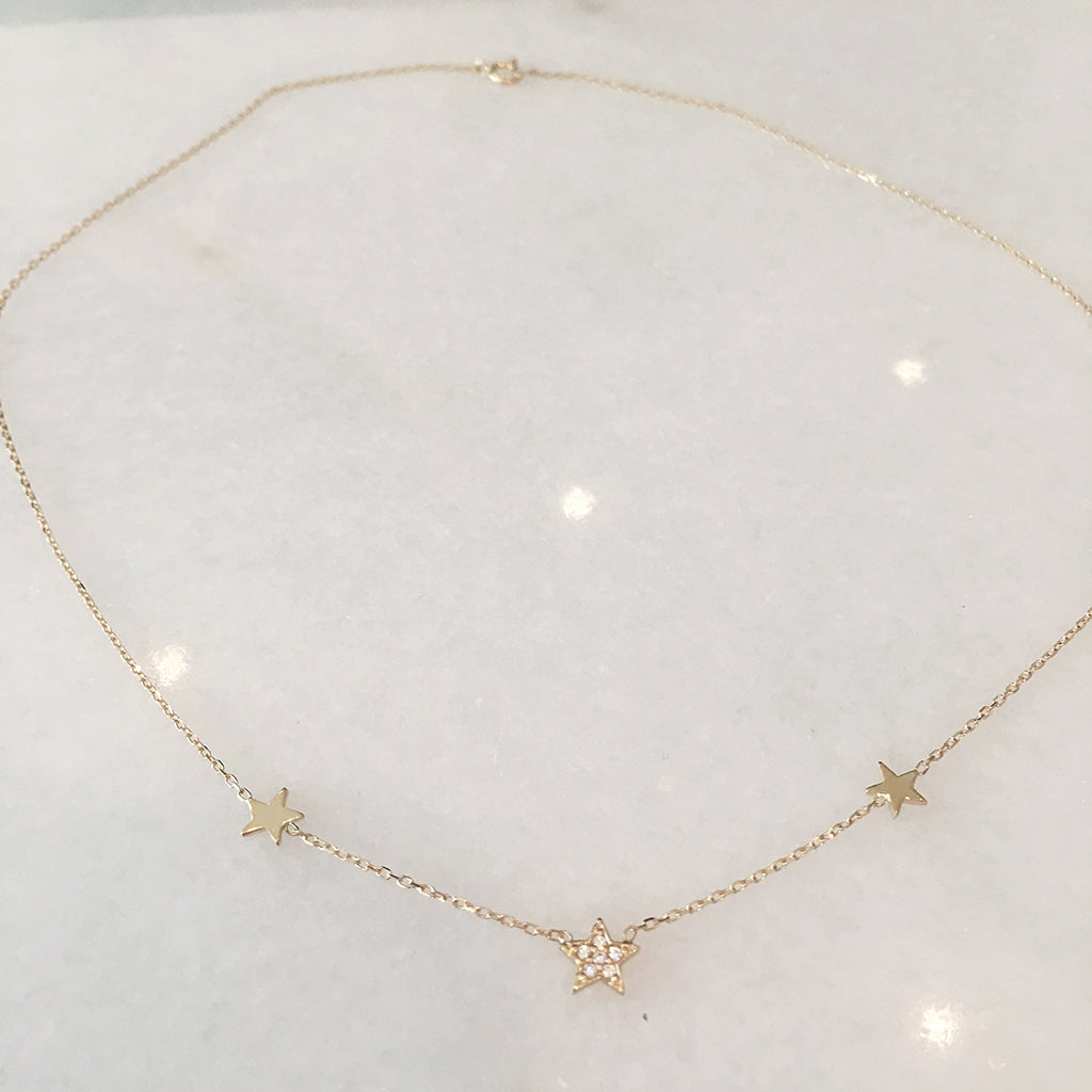 3 Stars Necklace with One Pavee Topaz Star - Solid Gold