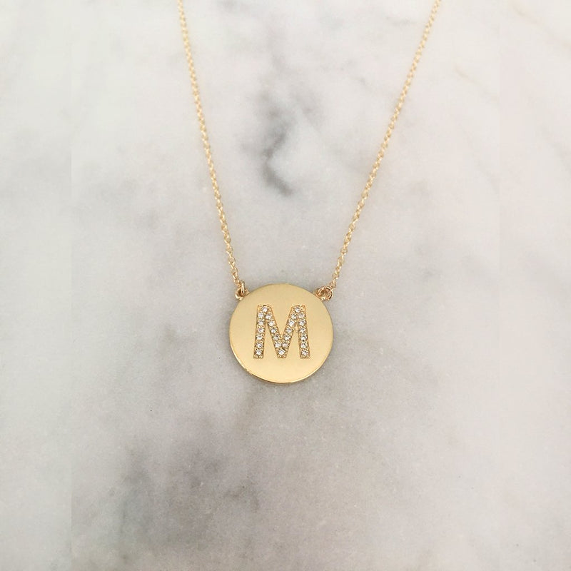 Medium Size Diamond Initial Disc Necklace - Solid Gold
