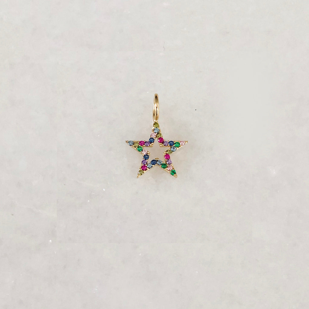 Star Charm With Colourful Created Quartz Stone On Solid Gold- Comes In Yellow Gold, White Gold & Pink Gold