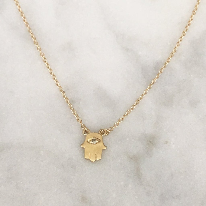 Hamsa Necklace with One Tiny Diamond - Solid Gold