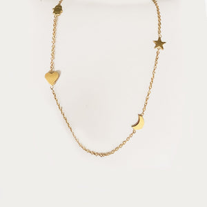 Collier de charme pour bébé en or massif avec cœur, lune, Hamsa et étoile - Or massif