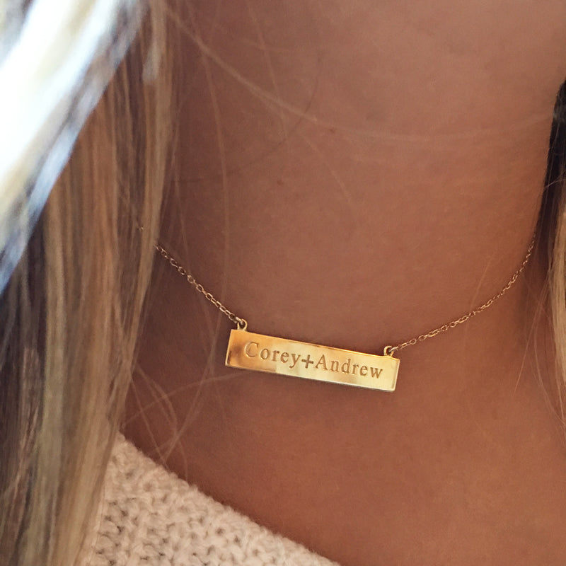 Solid Gold Bar Necklace with your own Special Personalized Message