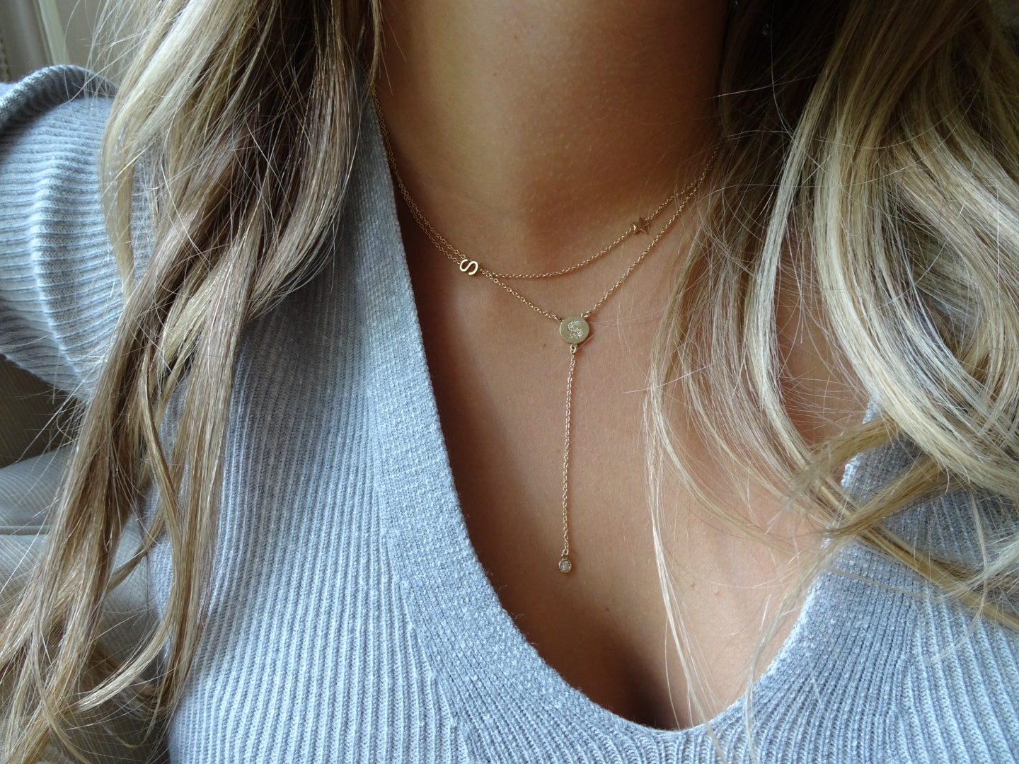 Mini Diamond Disc Initial Lariat Necklace Solid Gold The Right Hand Gal