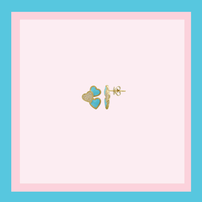 Turquoise & Diamond Heart Cluster Studs - 14k solid gold