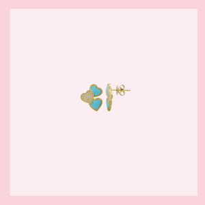 Turquoise &amp; Diamond Heart Cluster Studs - Or massif 14 carats