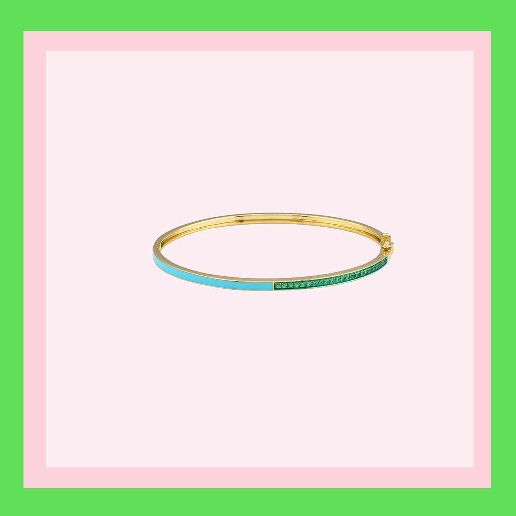 Sold out! Bangle with Baby Blue Enamel and Emerald Green - 14K Solid Yellow Gold SOLD OUT!