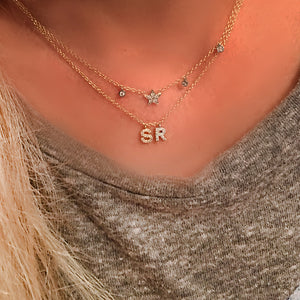 Mini Diamond Initials on a Line Necklace - Solid Gold
