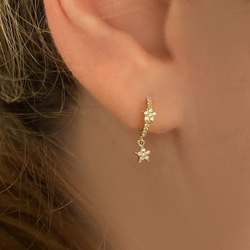 Star Dangle Huggies - Solid Gold - Topaz Sparkle-Sold as a Pair